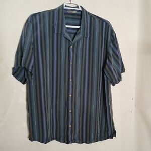 Tommy Bahama Men's Blue and Green Camp Collar Button Down 100% Silk Shirt XXL